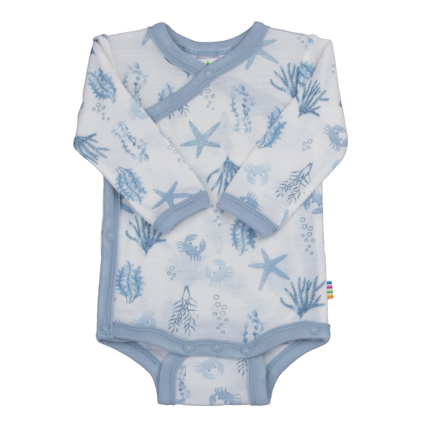 Joha Wickelbody Langarm Merinowolle Sommer Farbe Hellblau AOP