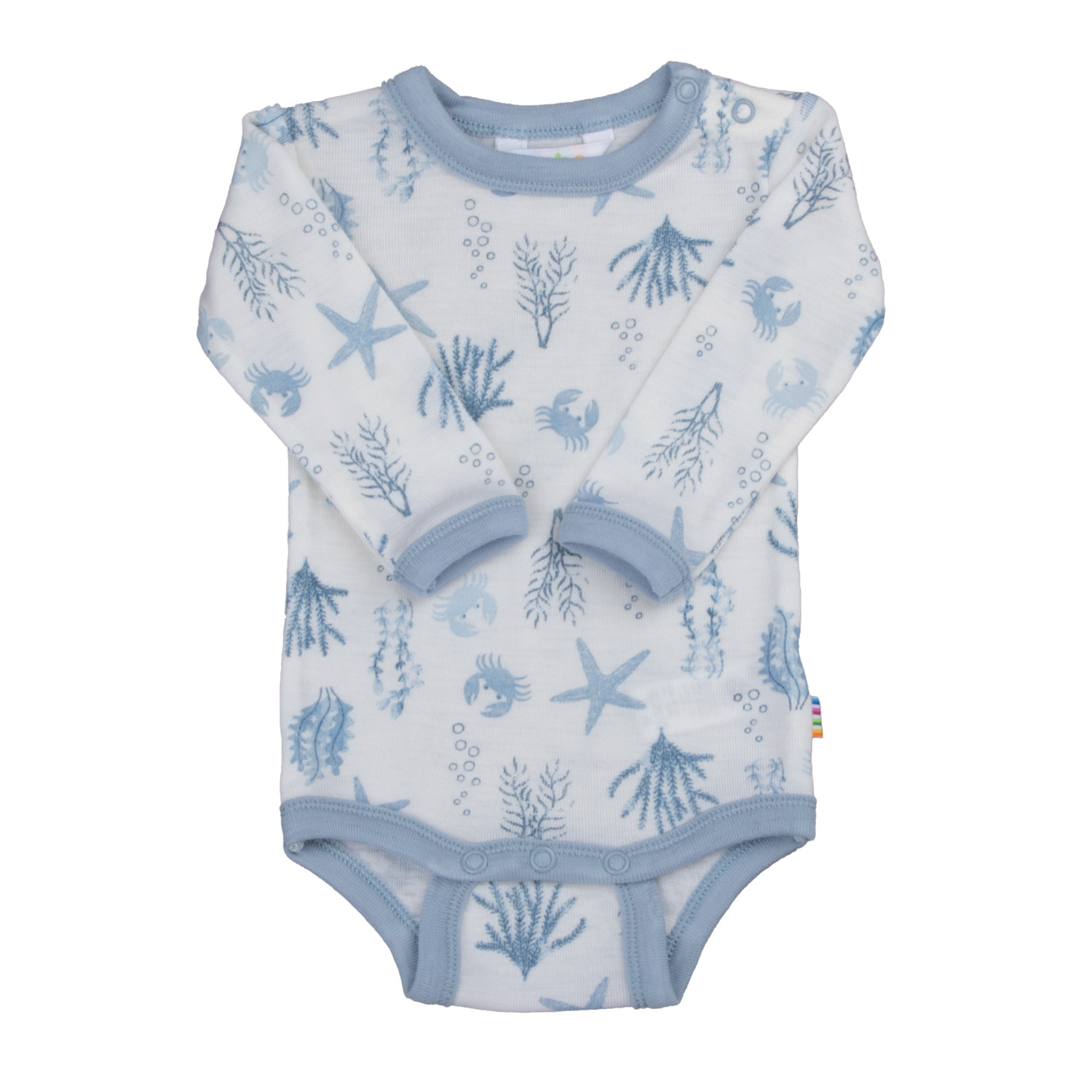 Joha Wickelbody Langarm Merinowolle Sommer Farbe Hellblau AOP